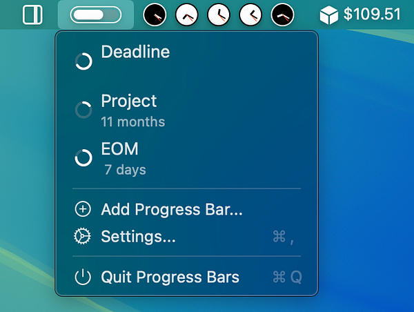 The image displays a user interface for a progress bar application with various task options and settings.