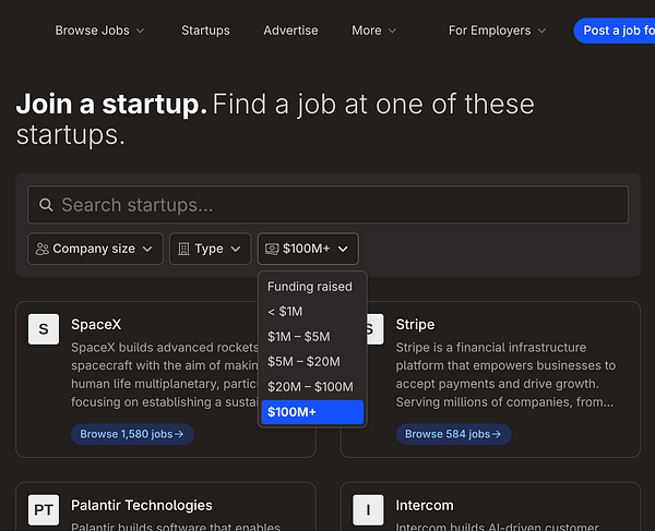 Screenshot of the startups page displaying search filters for company size, type, and funding raised using dropdown menus.