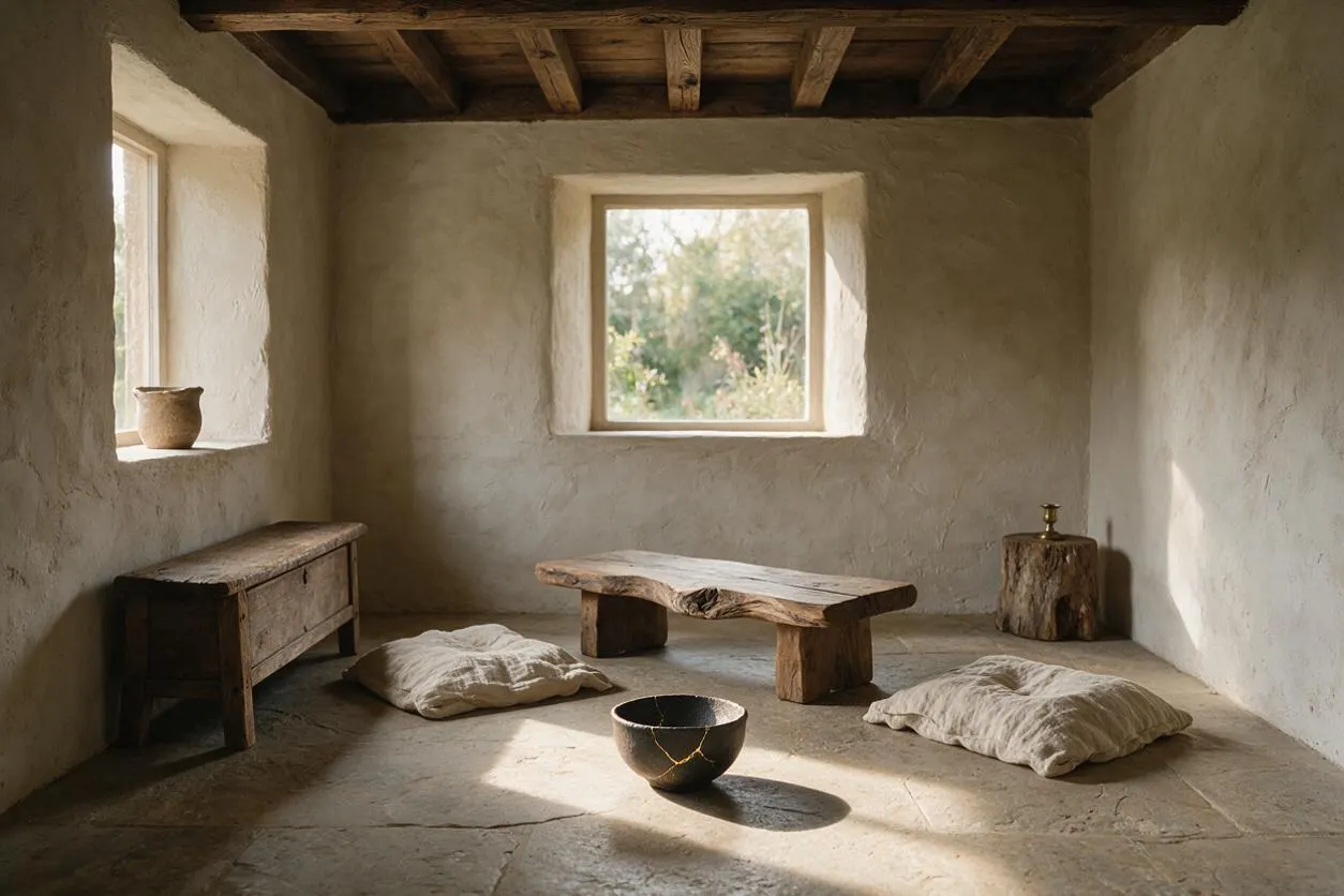A serene sunroom with textured plaster walls, a dark exposed wood ceiling, and two small square windows bringing in soft daylight and garden views. The room contains a low live-edge wooden bench, a small rustic cabinet, floor cushions, a stone or ceramic bowl, and a stump side table, creating an earthy minimalist atmosphere.