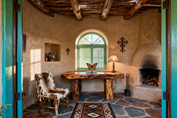 A rustic Southwestern home office features hand-troweled beige plaster walls, a kiva-style corner fireplace, and a ceiling of peeled log vigas with latillas. A thick live-edge log desk sits before an arched window with sage-green shutters, topped by a small lamp and butterfly sculpture. A wooden chair draped in cowhide faces the desk. Flagstone flooring and a patterned runner anchor the space, while a recessed niche with pottery and wrought-iron accents complete the scene.