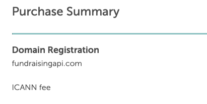 The image displays a purchase summary for a domain registration.