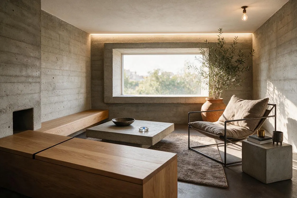 A Brutalist-style patio with raw concrete walls and ceiling, a large framed window, and a simple mix of warm wood benches, a low concrete table, and a metal lounge chair with a cushioned seat. An olive tree in a terracotta pot and soft neutral textiles add warmth to the otherwise minimalist space.