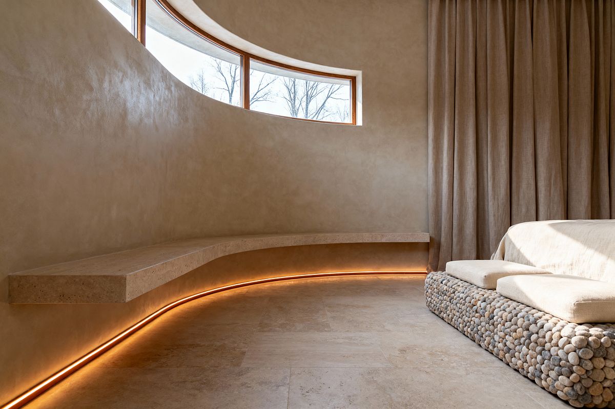 Room AI – Curved Minimalist Bedroom with Pebble Platform - Interior