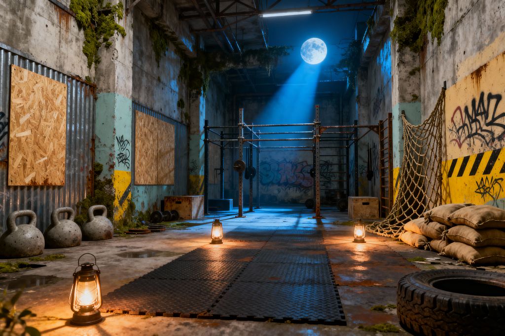 An abandoned warehouse converted into a rugged home gym centers on a rusted steel pull-up and squat rig set over black rubber floor tiles, lit by lanterns and a shaft of moonlight from an opening above. Concrete kettlebells, a barbell, plyo boxes, a rope climbing net, sandbags, a tractor tire, corrugated metal panels, OSB boards, graffiti, moss, and peeling paint line the weathered concrete walls, creating a gritty survival-themed workout space.