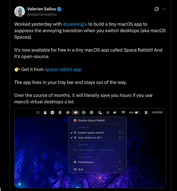 Screenshot of a tweet from Valérian Saliou announcing a new macOS app with a dark-themed interface and emojis.