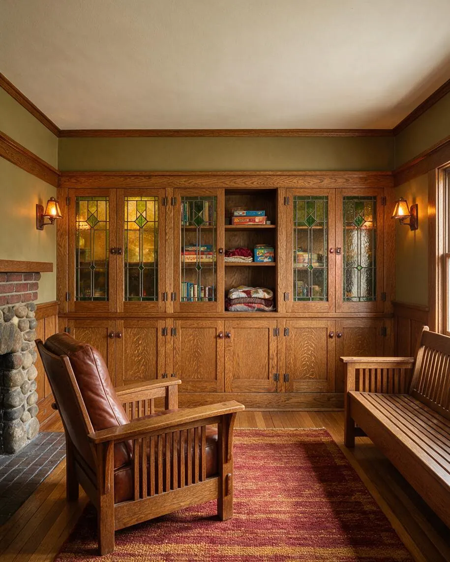 A Craftsman-style living room with oak built-in cabinets featuring leaded glass doors along the back wall, a stone fireplace on the left, and a wooden bench on the right. A leather-and-wood armchair sits on a red and gold rug over hardwood floors, with warm wall sconces creating a cozy glow.