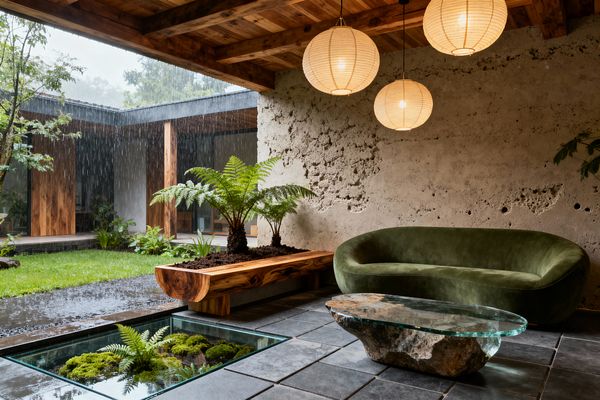 A covered living room opens to a rainy courtyard, featuring a curved moss-green velvet sofa, an oval glass-topped coffee table on a raw stone base, and charcoal floor tiles with a recessed glass panel showcasing a living moss garden. A solid wood planter-bench with tree ferns lines a rough plaster wall, while three round paper lantern pendants hang from an exposed timber ceiling, casting warm light across the indoor-outdoor space.