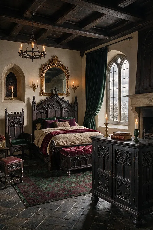 A dark Gothic-style bedroom with a carved wooden bed, matching chair, and cabinet set against plaster walls and a coffered wood ceiling. Tall arched windows, candle sconces, a gold-framed mirror, and deep green and burgundy textiles create a dramatic medieval atmosphere.