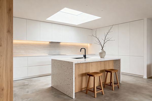 A minimalist kitchen with seamless white flat-panel cabinets wraps around a central terrazzo waterfall island that features an oak-clad seating niche and two wooden stools. The island holds an undermount sink with a matte black faucet; a light stone slab backsplash and warm under-cabinet LED strip lighting line the back wall, while polished concrete floors and a large ceiling skylight flood the space with soft daylight, accented by a simple ceramic vase with branches.