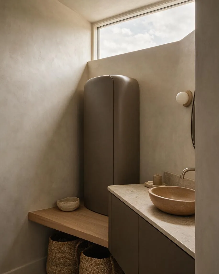 A compact powder room with smooth plaster walls, a high window bringing in soft daylight, a tall rounded cabinet, and a floating wood shelf. The vanity features a stone countertop with a round vessel sink, while woven baskets and a few simple accessories add natural texture.