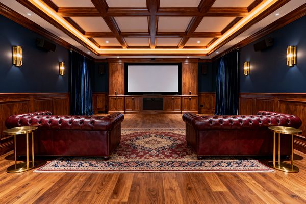A traditional home theater features a stained-wood coffered ceiling and built-in cabinetry surrounding a large projection screen. Two burgundy Chesterfield leather sofas sit on a patterned red and navy rug over medium-tone hardwood floors. Deep navy walls with wood wainscoting hold brass sconces, while cove lighting warms the ceiling. Navy velvet curtains frame the screen, with black speakers and round brass side tables completing the symmetrical layout.