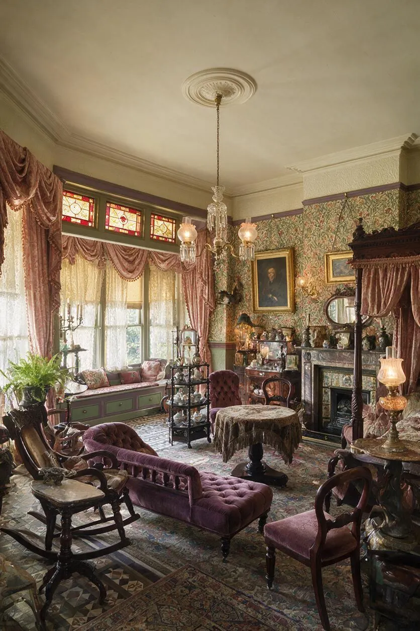 A richly decorated Victorian-style room with patterned wallpaper, stained glass transom windows, heavy draped curtains, and a central crystal chandelier. Plush plum velvet seating, carved wood furniture, a patterned area rug, and an ornate fireplace create a formal, antique-filled atmosphere.