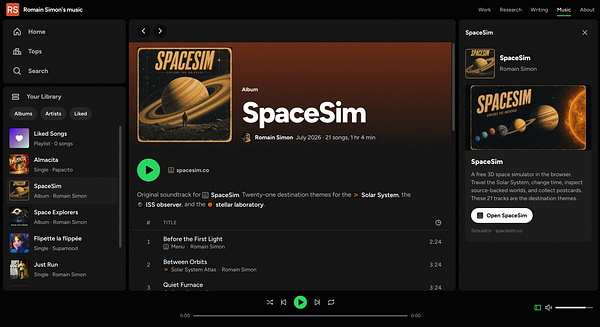 Screenshot of a Spotify-like music player web app displaying the song "Demain" by Romain Simon with playback controls and a playlist.