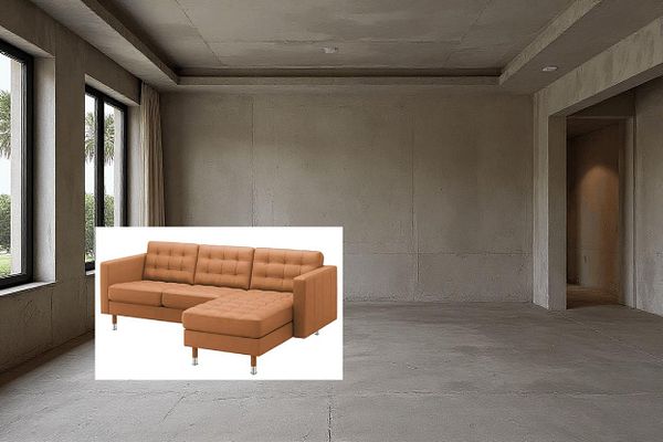A modern, empty room with a large window and a brown sectional sofa superimposed in the foreground.