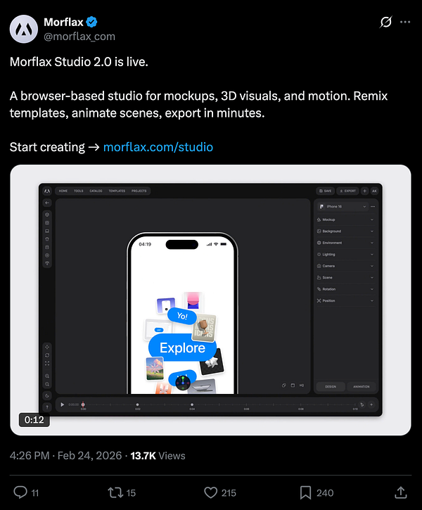 A social media post announcing the launch of morflax studio with a colorful and dynamic artistic design featuring illustrations and text.