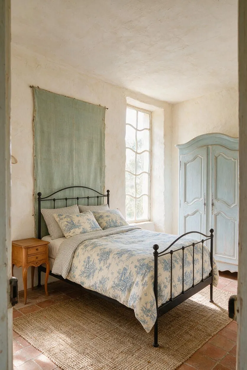 A cozy French Country guest bedroom with a black metal bed dressed in pale blue floral bedding and striped pillows. The room has white plaster walls, a tall window with curved muntins, a soft green hanging textile above the bed, a distressed pale blue armoire, a small wooden nightstand, and a natural woven rug over terracotta tile.