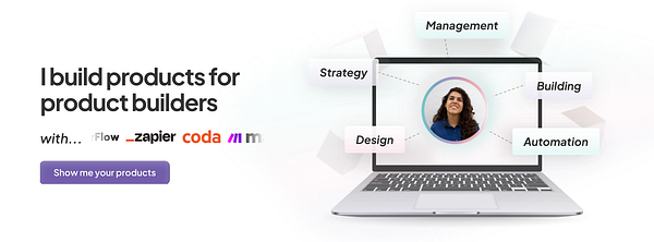 A laptop screen displays a person surrounded by keywords related to product development.