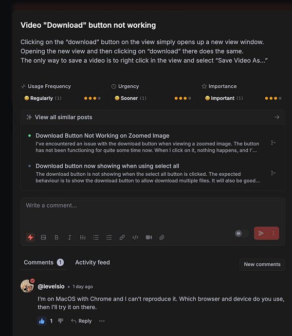 A task interface detailing a bug related to a non-functional video download button.