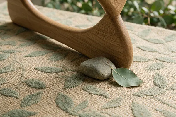 A close-up of a biophilic interior scene shows a textured beige rug woven with soft green leaf motifs. A sculpted wooden furniture leg rests on the rug beside a smooth gray stone and a single green leaf, with blurred foliage in the background.