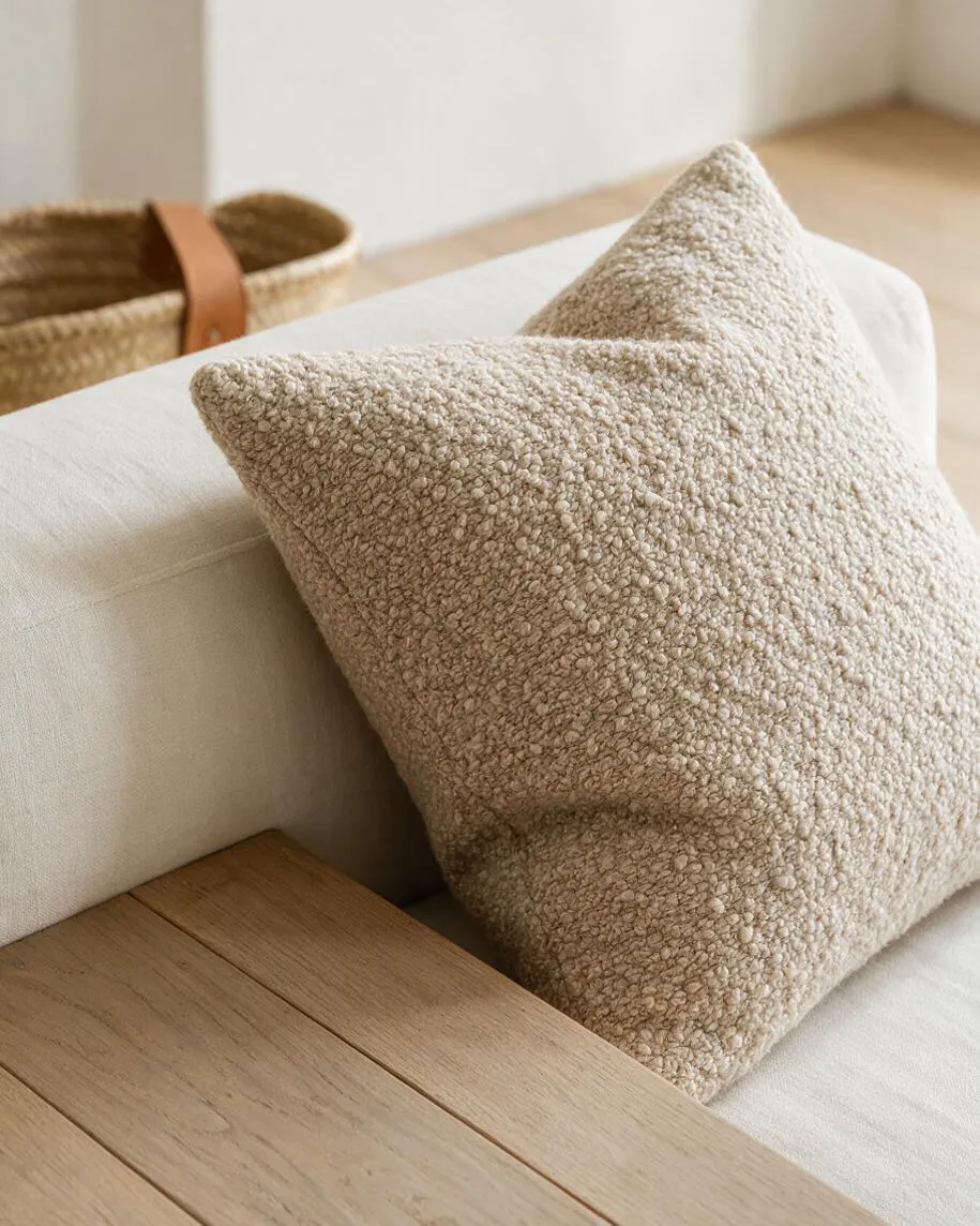 A close-up of a Scandinavian-style sofa corner with a boucle cushion in warm beige, resting on a light cream upholstered seat. A pale oak wood surface sits in the foreground, and a woven basket with leather handles is softly visible in the background.