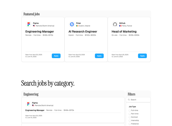 The image displays a job listing interface featuring featured jobs and a search section for job categories.