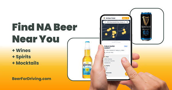 The image promotes a service for finding non-alcoholic beer and related beverages.