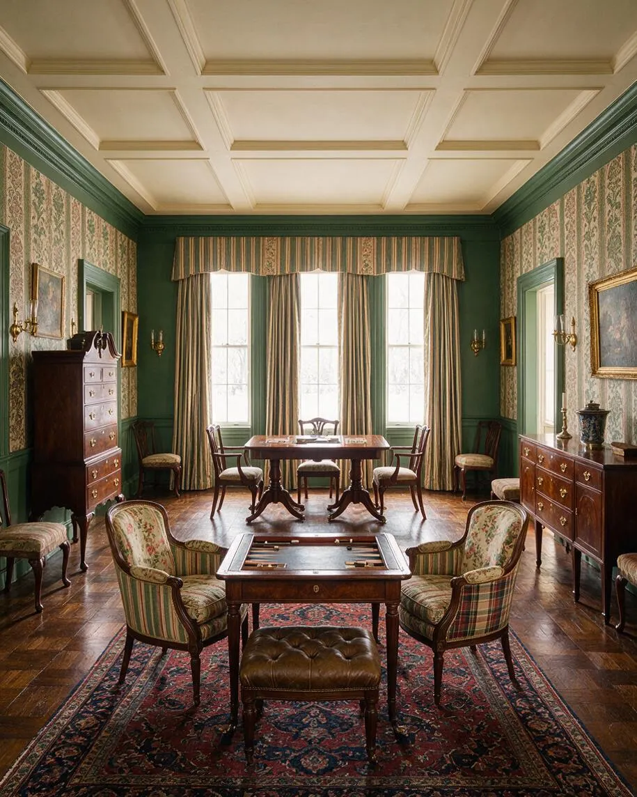 A traditional game room with dark green paneled walls, floral wallpaper, and a coffered ceiling. The room features antique-style wood furniture, a central game table with upholstered chairs, a leather ottoman, patterned drapery, and Persian-style rugs on polished hardwood floors.