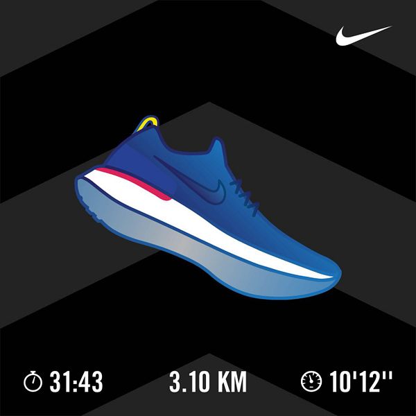 The image features a stylized blue running shoe alongside running statistics.