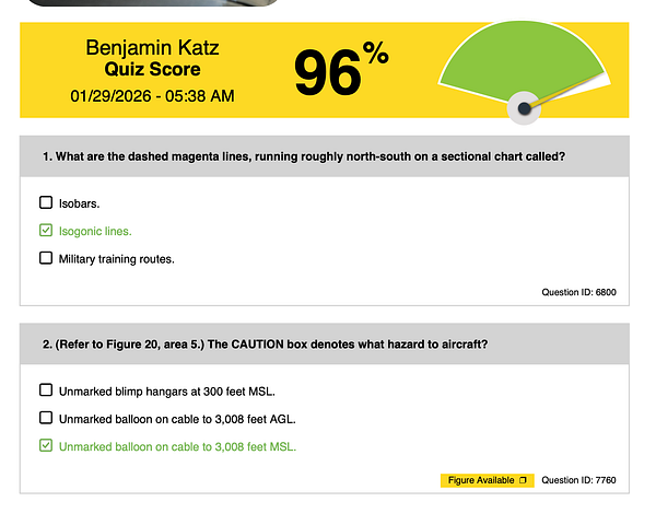Screenshot of a ground school quiz interface showing a multiple-choice question about federal airways, with answer options and UI elements for navigation and submitting answers.