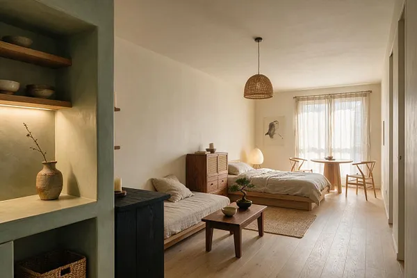 A serene studio apartment in Japandi style with two low wooden beds, a small wooden coffee table, and a round dining table near sheer-curtained windows. Open built-in shelves, a woven pendant light, soft neutral bedding, and natural wood finishes create a calm, minimalist atmosphere.