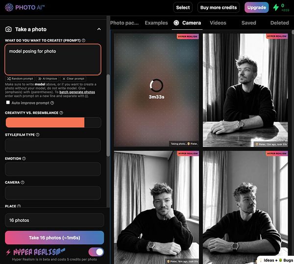 The image displays a user interface for a photo generation tool with a timer and various settings.