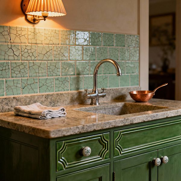 A traditional laundry sink area shows deep green, raised-panel cabinets with porcelain knobs beneath a speckled beige granite countertop and matching stone sink. A polished nickel gooseneck faucet stands in front of mint-green crackle-glazed subway tiles. Warm light from a wall sconce with a pleated shade illuminates the backsplash. A folded white towel lies on the counter, and a small copper pan rests near the sink against soft cream walls.