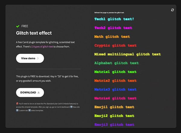 The image displays a webpage for a free glitch text effect plugin for Carrd.