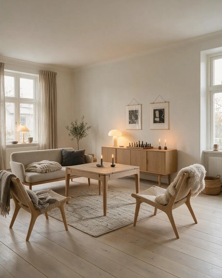 A bright Scandinavian-style game room with pale wood flooring, an oak coffee table, and a low sideboard against a cream wall. A small sofa, two lounge chairs, a textured rug, framed wall art, candles, and a chess set create a calm, minimalist atmosphere filled with natural light.