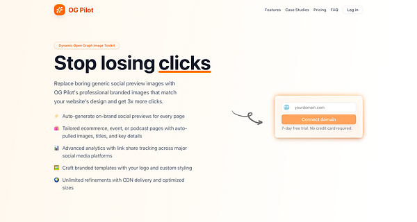 The image features a promotional landing page for OG Pilot, highlighting its features and a call to action for users to connect their domain.