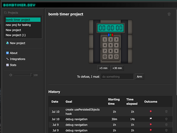 The image displays a user interface for a bomb timer project with a countdown timer and a history log of tasks.