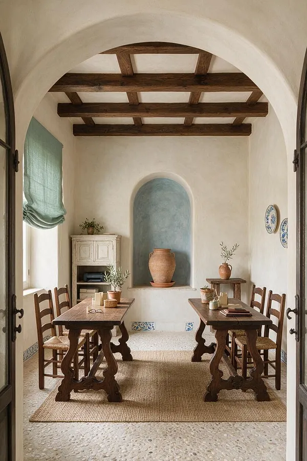 A Mediterranean-style home office with white plaster walls, arched openings, and exposed dark wood ceiling beams. Two rustic wooden desks and ladder-back chairs sit on a natural jute rug, with a blue alcove niche, terracotta pottery, and soft sage roman shades adding warmth.