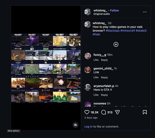 Instagram post featuring a grid of screenshots of various video games playable in a web browser, alongside user comments and post details.