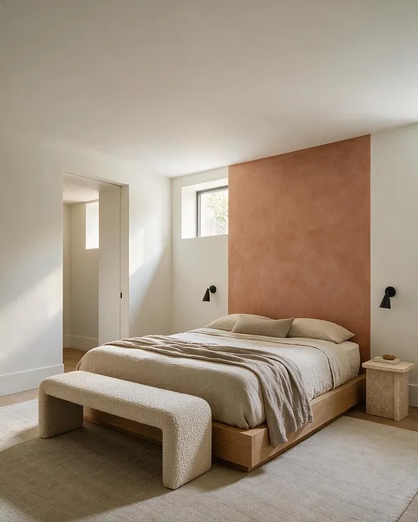 A modern basement bedroom with a low wood platform bed, beige bedding, and a textured upholstered bench at the foot of the bed. The room features white walls, a warm terracotta accent wall behind the bed, small horizontal windows, black wall sconces, and a light neutral rug.