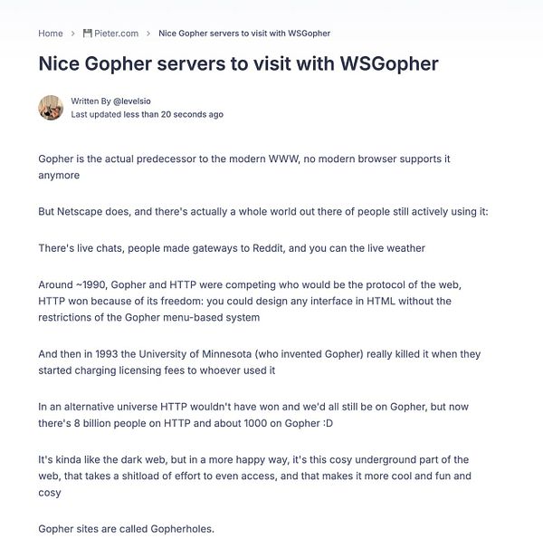 The image displays a webpage discussing Gopher servers and their historical context.