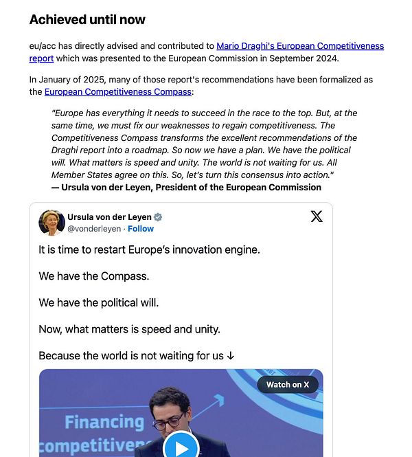 The image features a digital document discussing the achievements of eu/acc and includes a tweet from Ursula von der Leyen about Europe's innovation.
