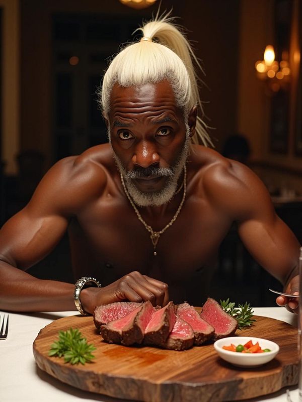 A muscular man with long white hair and a beard is intensely focused on a plate of sliced meat.