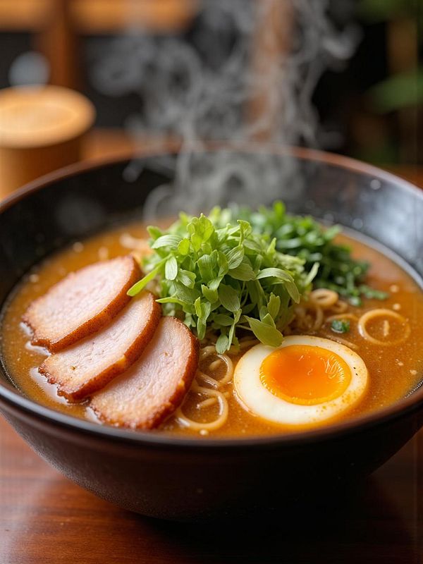 A beautifully arranged bowl of ramen featuring sliced pork, a soft-boiled egg, and fresh herbs.