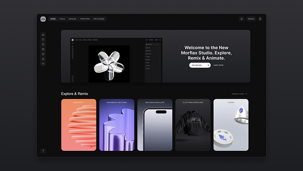 The image displays a user interface for Morflax Studio, featuring a dark mode design with various creative tools and resources.