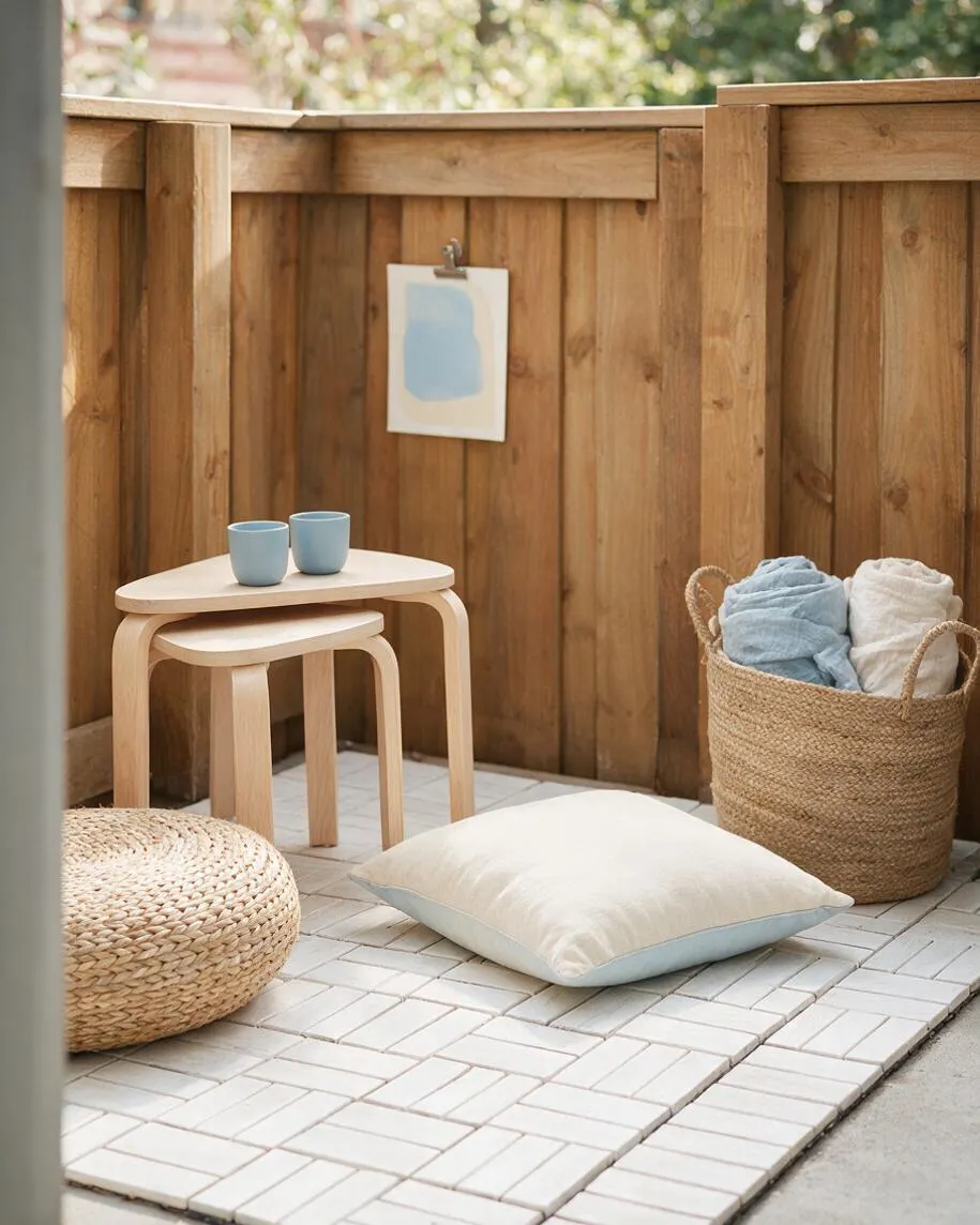 A small coastal-style backyard nook with a warm wooden privacy fence, pale tiled floor, and low natural wood nesting tables. The space includes woven baskets, a round seagrass pouf, soft blue cups, and light cushions in cream and pale blue, creating a relaxed outdoor retreat.