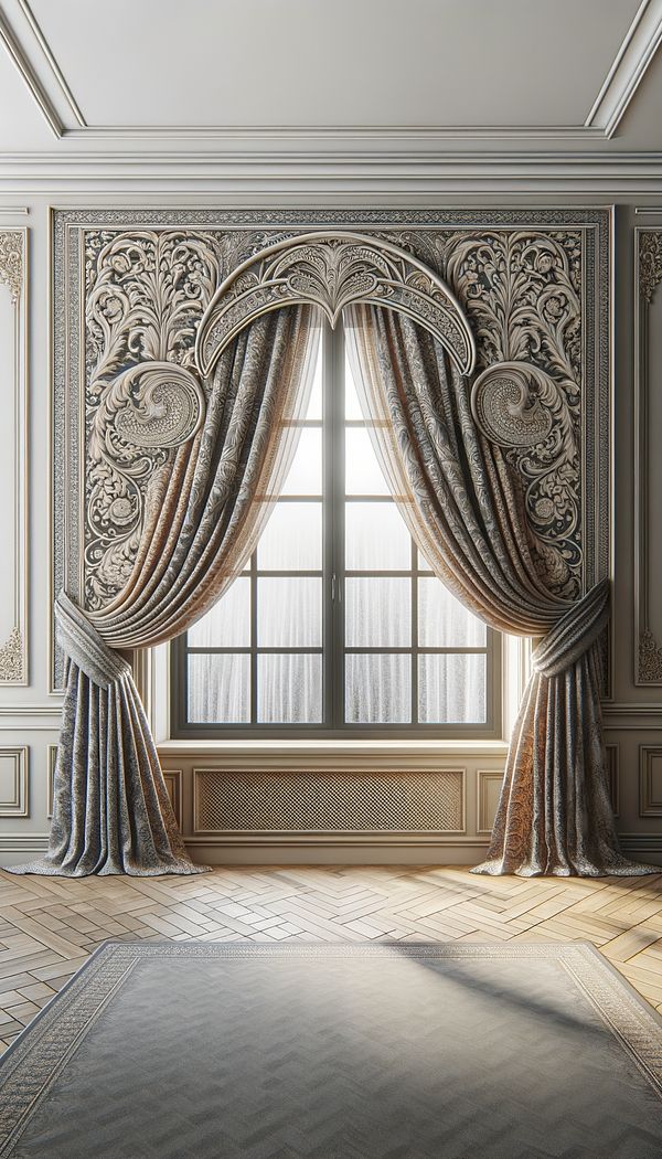 An elegantly designed room with a lambrequin extending down the sides of a large window, showcasing intricate fabric patterns.