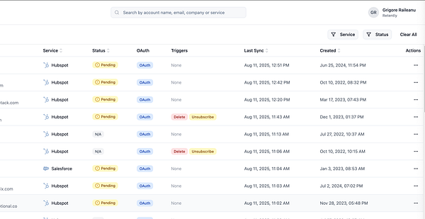 The image displays a table from the Integrations page of a new Admin UI, showing various services and their statuses.
