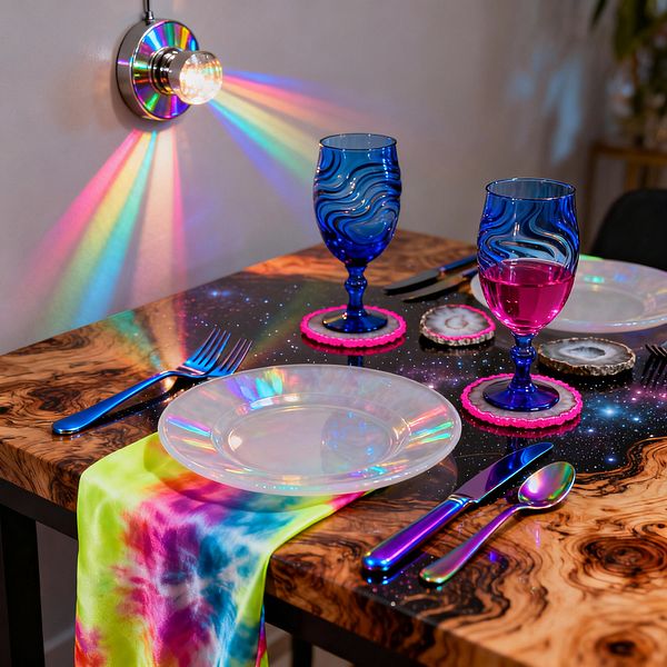 A small dining setting on a burled wood table with a glossy black resin band printed like a starry galaxy. Two iridescent plates are set with rainbow-finish flatware and a lime, yellow, and magenta tie-dye napkin. Cobalt blue goblets, one filled with pink liquid, rest on agate slice coasters with neon rims. A chrome wall sconce with a faceted lens projects rainbow beams across the white wall and tabletop, creating a vivid psychedelic atmosphere.