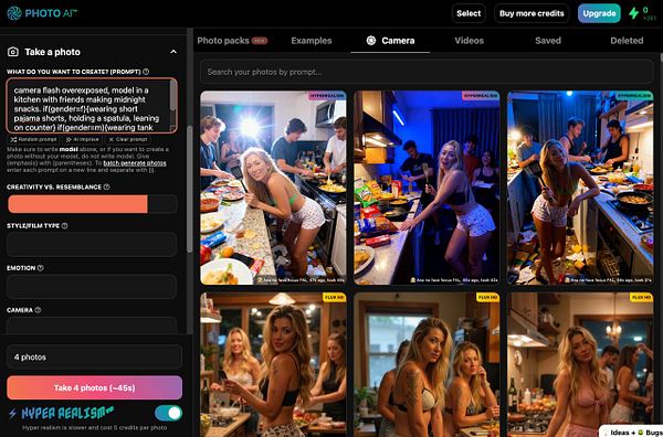 The image displays a user interface for a photo generation tool featuring a prompt for creating hyper-realistic images.