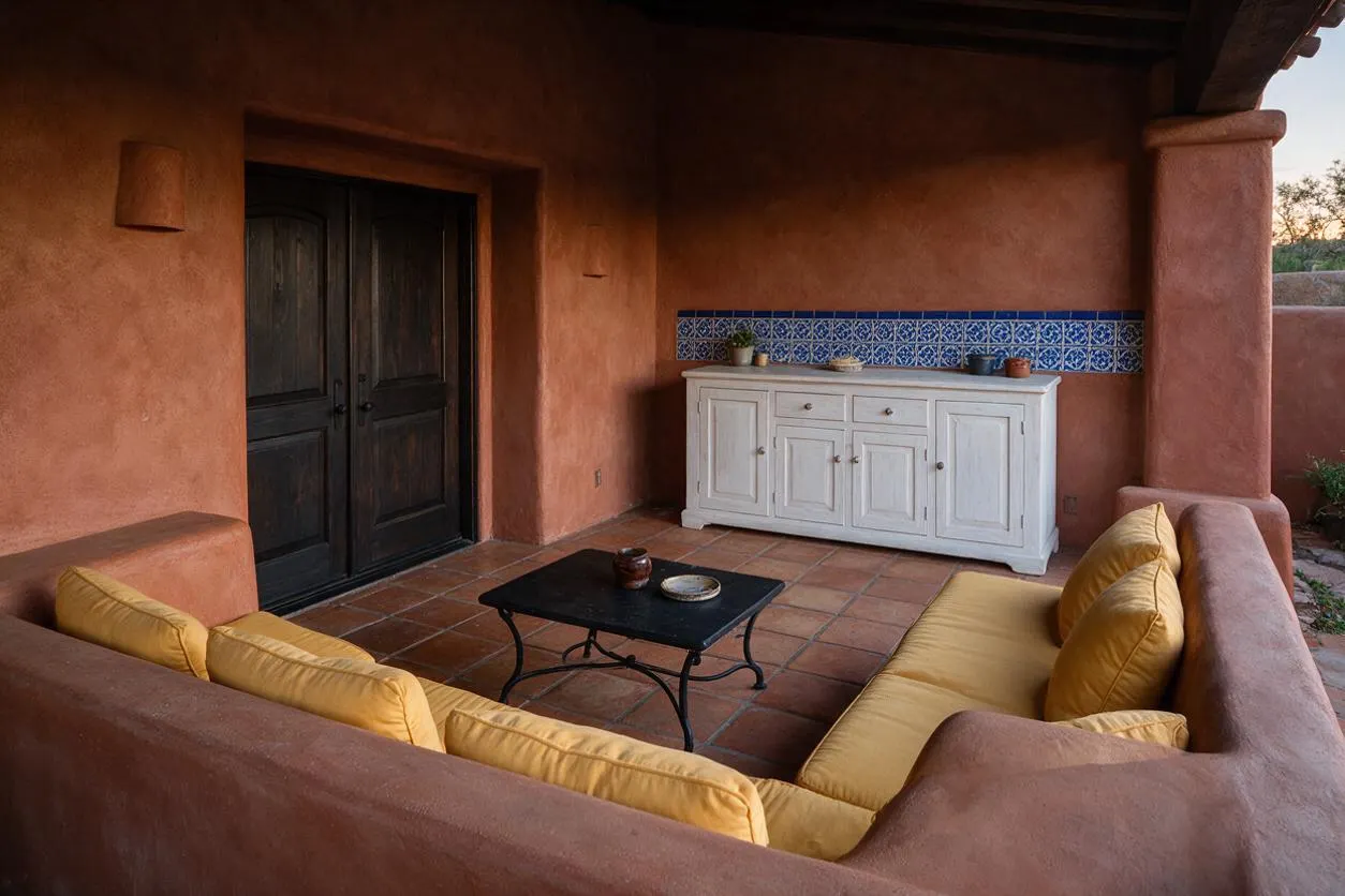 A Mediterranean-style patio with terracotta stucco walls, a dark wood double door, and a terracotta tile floor. Yellow cushioned outdoor seating surrounds a small black coffee table, while a white sideboard stands against a blue patterned tile accent strip.